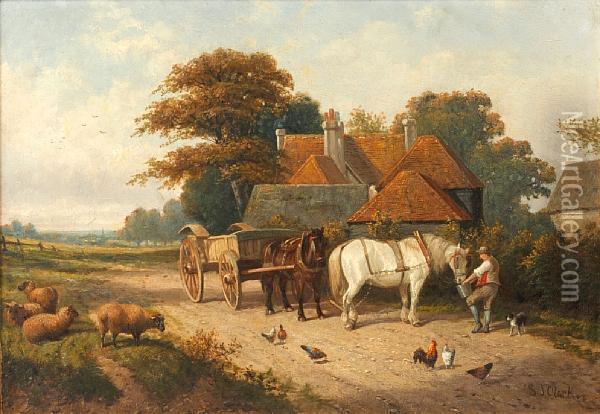 A Horse Drawn Wagon Before A Countrycottage Oil Painting - Joseph Clark