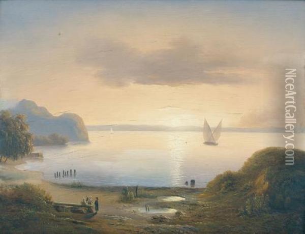 Seeuferpartie Mit Staffage In Der Abendsonne Oil Painting - Charles Dubois, Dit Dubois-Melly