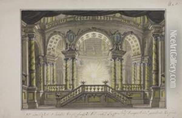 A Stage Design: The Interior Of A Temple Oil Painting - Lorenzo I Quaglio