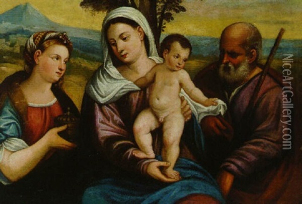 The Holy Family With Mary Magdalen Oil Painting - Jacopo Palma il Vecchio