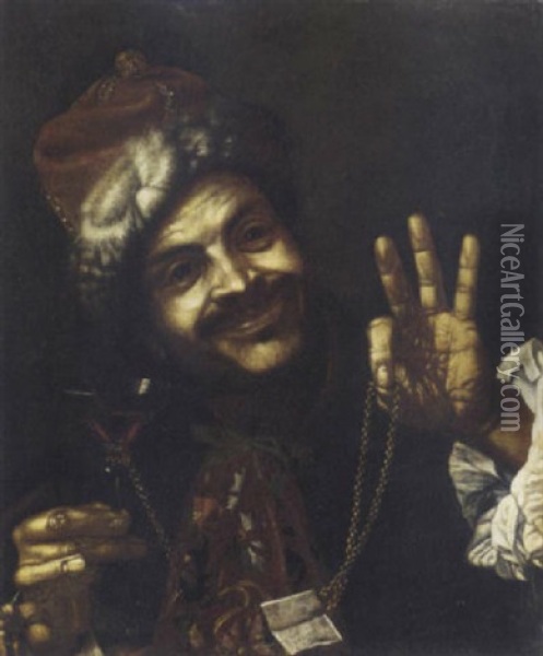 A Man In A Fur-lined Cap Holding A Glass Of Wine With A Gold Chain Oil Painting - Louis (Ludovico) Finson
