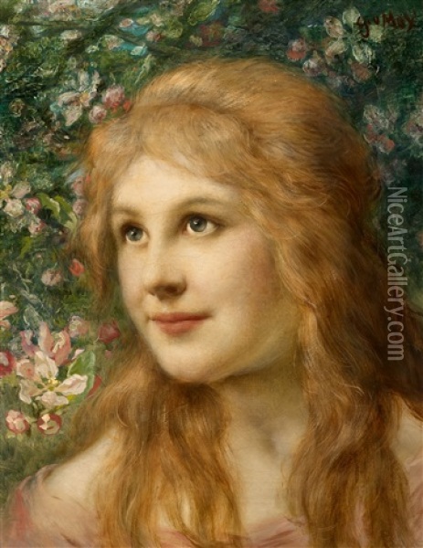 Young Woman In Front Of Flowers Oil Painting - Gabriel von Max