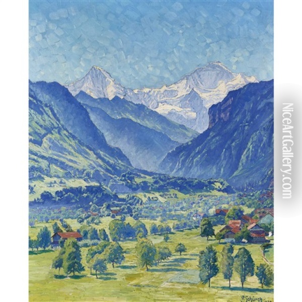 Sommerliches Tal Mit Monch Und Jungfrau Oil Painting - Paul Schuerch