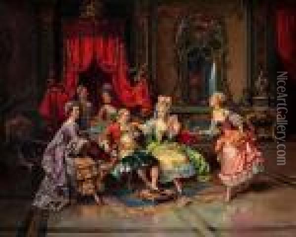 Louis Xv In The Throne Room Oil Painting - Cesare-Auguste Detti