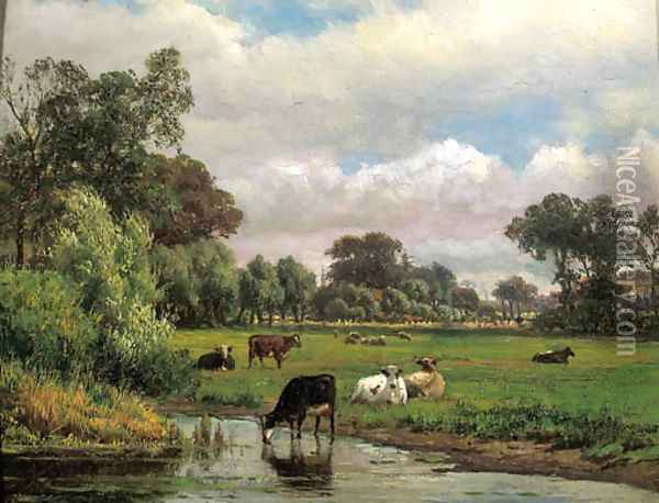 Cows in a meadow, with a village in the distance Oil Painting - Dutch School