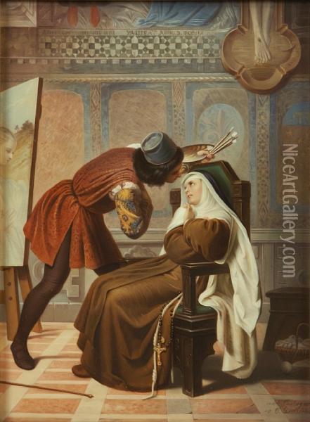 Artist Courting A Nun In An Interior Oil Painting - Gabriele Castagnola
