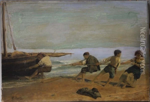 Italian 19th Century Fishing Scene Oil Painting - Pasquale Celommi