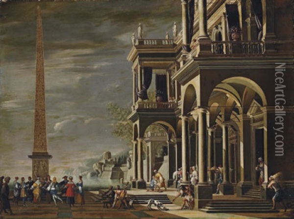 A Capriccio Of A Classical Palazzo On A Coast With Elegant Company Dancing By An Obelisk Oil Painting - Niccolo Codazzi