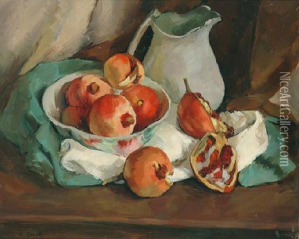 Still Life With Pomegranates And Jug Oilon Canvas Signed 'e. Roach' Lower Left 44.5 X 55 Cm Oil Painting - Elma Roach