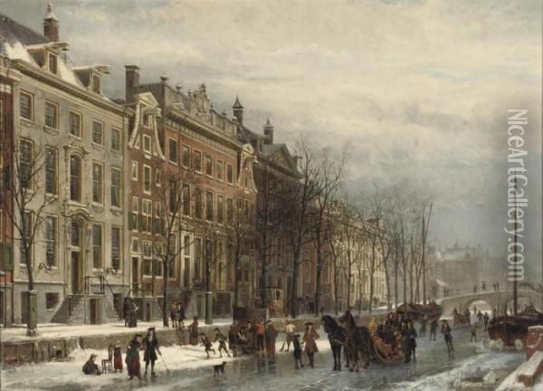 Gezicht Op De Heerengracht Bij 
Den Amstel In Het Einder Der 17deeeuw: Amsterdam In Winter Oil Painting - Cornelis Springer