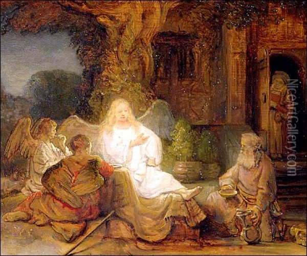 Abraham Serving the Three Angels Oil Painting - Rembrandt Van Rijn