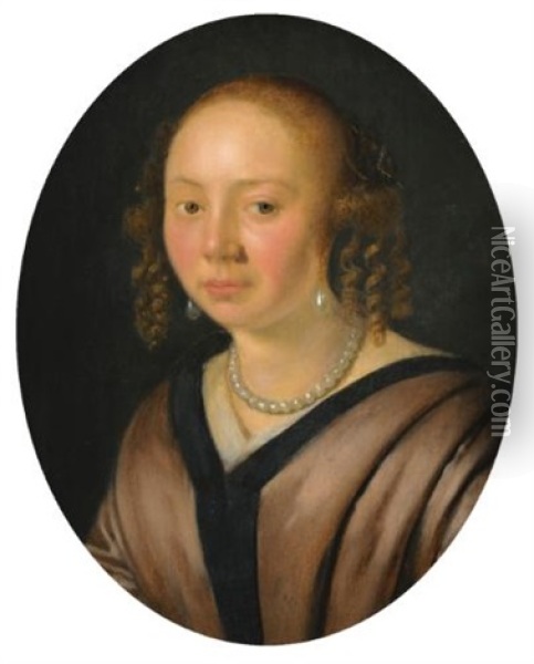Portrait Of A Lady, Head And Shoulders, Wearing Pearl Earrings, And A Necklace Oil Painting - Pieter Cornelisz van Slingeland