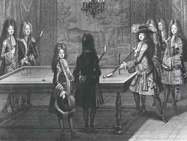Louis XIV 1638-1715 playing billiards with Philippe I (1640-1701) Duke of Orleans, the Count of Toulouse, the Duke of Vendome, Monsieur dArmagnac and Monsieur de Chamillard, 1694 Oil Painting - Antoine Trouvain