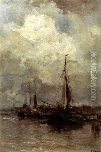 Moored Sailing Boats Oil Painting - Jacob Henricus Maris