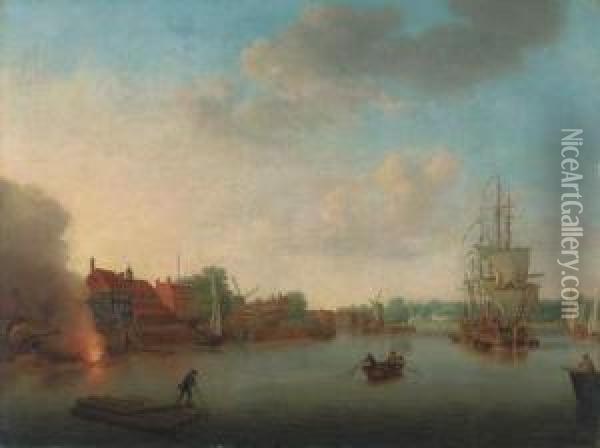 View Of Limehouse With Greenwich In The Distance Oil Painting - Samuel Scott