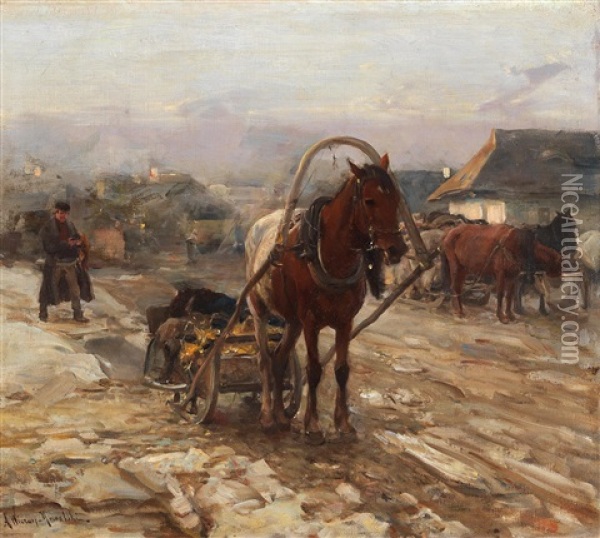 Horse And Cart On The Village Street Oil Painting - Alfred von Wierusz-Kowalski