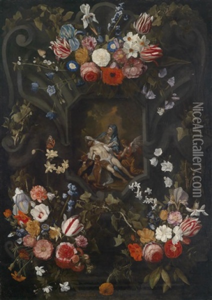 Blumengirlande Um Eine Kartusche Mit Einer Pieta-darstellung Oil Painting - Jan Philip van Thielen