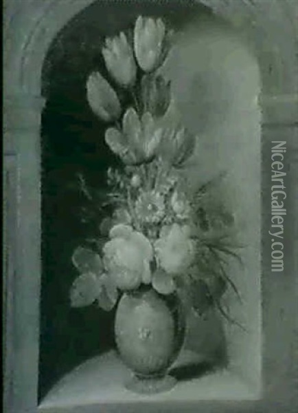 Deux Pendants:                                              Bouquets De Fleurs En Grisaille Sur Fond De Niche Oil Painting - Ferdinand van Kessel