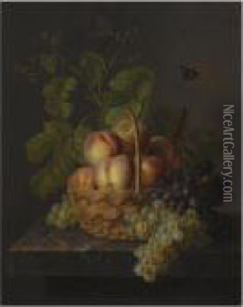 A Still Life With Peaches And Grapes In Wicker Basket On A Marble Ledge Oil Painting - Antoine Berjon