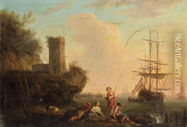 A Mediterranean Coastal Scene With Figures Fishing, A Dutch Ship At Anchor Beyond Oil Painting - Claude-joseph Vernet
