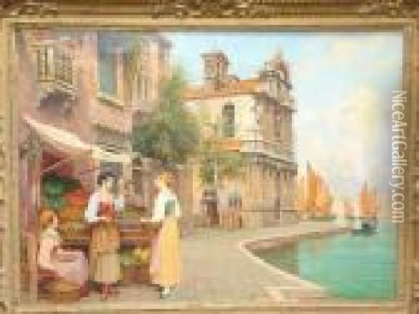 A Venetian Canalside Fruit Stall Oil Painting - Arthur Trevor Haddon