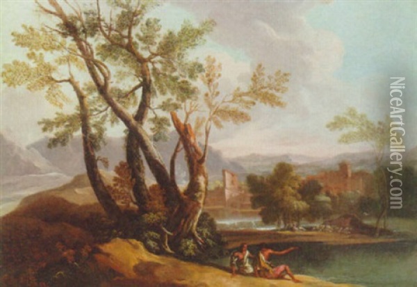 An Italianate Landscape With Figures Conversing By A Lake Oil Painting - Gaspard Dughet