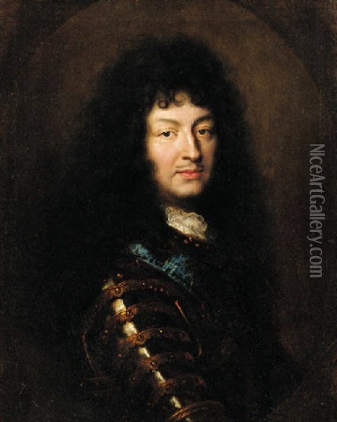 Portrait Of King Louis Xiv In Armour With The Sash Of The Order Of The Saint-esprit Oil Painting - Hyacinthe Rigaud