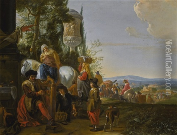 A Man Playing A Harp And Other Figures In An Italianate Landscape Oil Painting - Hendrick Verschuring