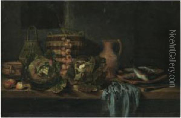A Still Life With Cabbages, Onions, Apples, A Knife, Wickerbaskets And Earthenware Jugs On A Table, Together With A Plate Offish And A Blue Cloth Oil Painting - Hubert Van Ravesteijn