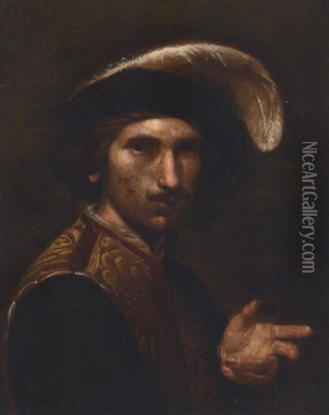 Portrait Of A Gentleman Wearing A Feathered Cap Oil Painting - Bartolomeo Manfredi