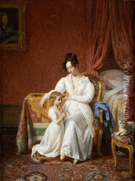 Cena De Interior Com Figura Feminina E Crianca Oil Painting - Jules Alexandre Duval-Lecamus