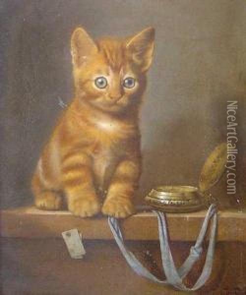 Kitten With A Timepiece Oil Painting - Jules Le Roy