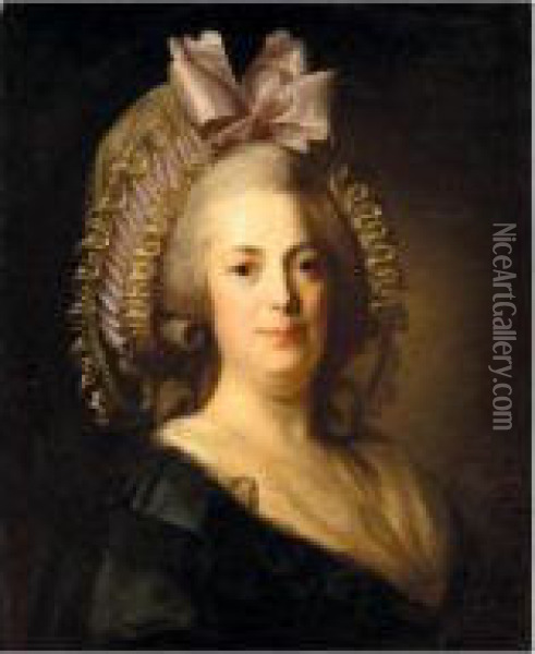 Portrait Of A Woman, Head And 
Shoulders, Wearing A Black Dress, With A White Bonnet And Pink Ribbon Oil Painting - Henri Pierre Danloux