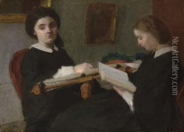 Deux Jeunes Femmes Brodant Et Lisant Oil Painting - Ignace Henri Jean Fantin-Latour