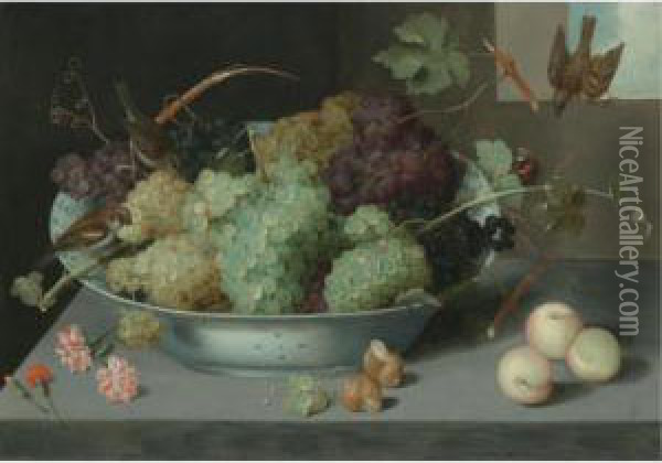 Still Life With Bunches Of 
Grapes In A Porcelain Bowl, Three Sparrows, And A Butterfly, With 
Peaches And Snails On The Stone Ledge Below Oil Painting - Peter Paul Binoit