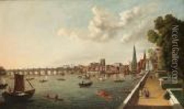 The Thames At Westminster With 
Old Westminster Bridge And The Shot Tower From The Terrace Of Somerset 
House, London Oil Painting - William James