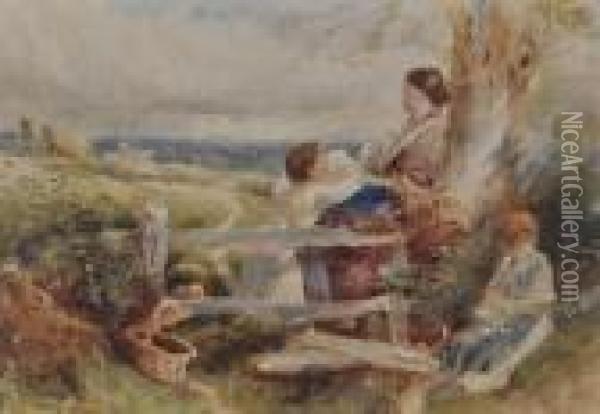 Womanand Children By A Stile Oil Painting - Myles Birket Foster