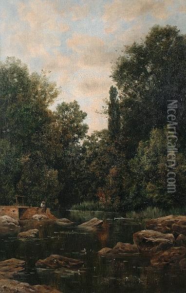 Baiting A Line By A Rocky River Oil Painting - Claude Francois A. De Mesgrigny