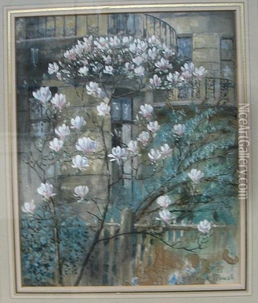 A Magnolia Bush In Flower, A Building Beyond Oil Painting - Alfred Powell