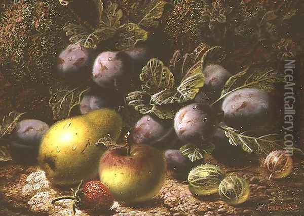 Still Life with Plums, Gooseberries, Apple, Pear and Strawberry Oil Painting - Oliver Clare