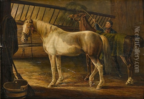 A Stable Scene With Two Horses And A Peasant Oil Painting - Albrecht Adam