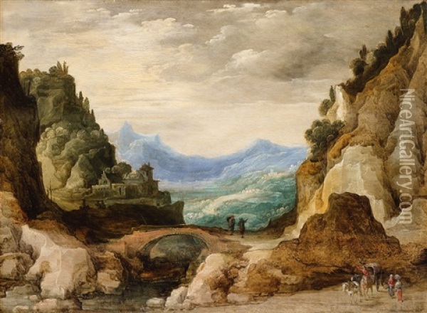 A Panoramic Landscape With Travellers Oil Painting - Joos de Momper the Younger