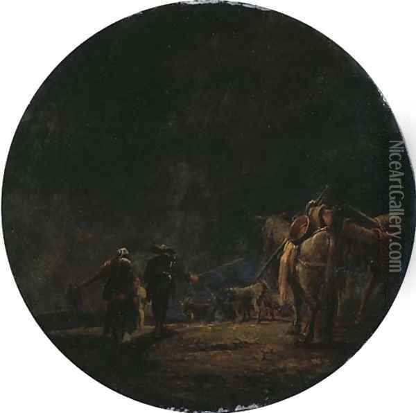 A moonlit landscape with travellers leading their pack mules, a resting goat herd beyond Oil Painting - Leonaert Bramer