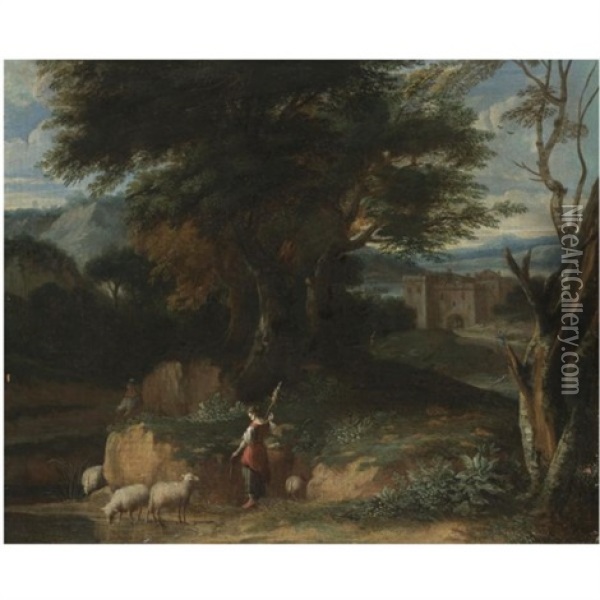 A Wooded Landscape With A Shepherdess Tending Her Flock, A Castle Beyond Oil Painting - Jacques d' Arthois