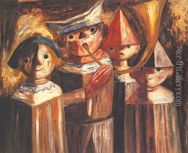 Four Children with a Trumpet Oil Painting - Tadeusz Makowski