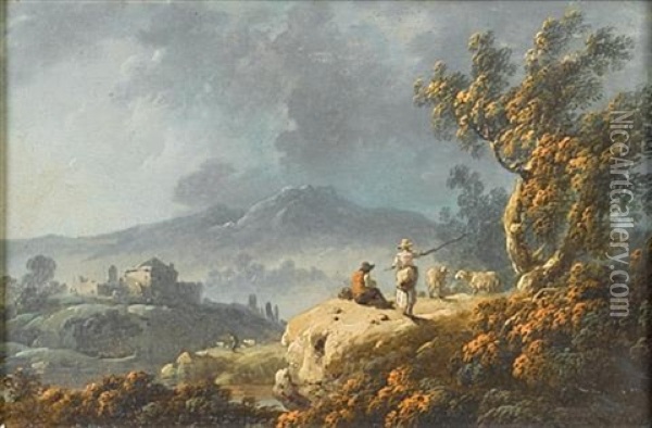 A Rocky River Landscape At Dusk With Shepherds Resting Beneath A Tree (+ A River Landscape With A Shepherd And Shepherdess And Their Flock; Pair) Oil Painting - Jean Baptiste Pillement