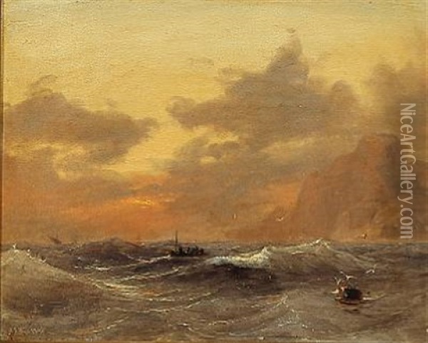 Evening Sun Over The Sea Oil Painting - Daniel Hermann Anton Melbye