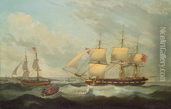 A British Man O' War Offshore With Othershipping Oil Painting - John Jenkinson