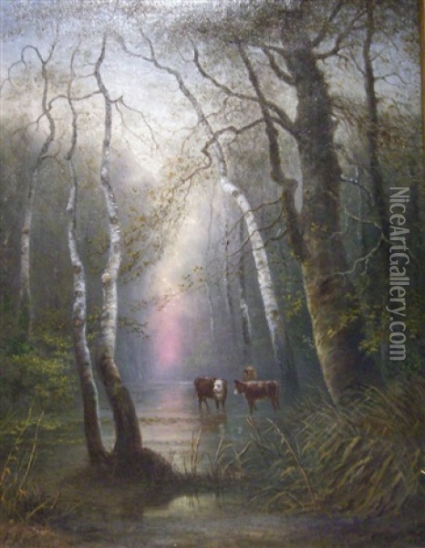 Waldlandschaft Mit Kuhen An Einem Bach Oil Painting - Fritz Reiss