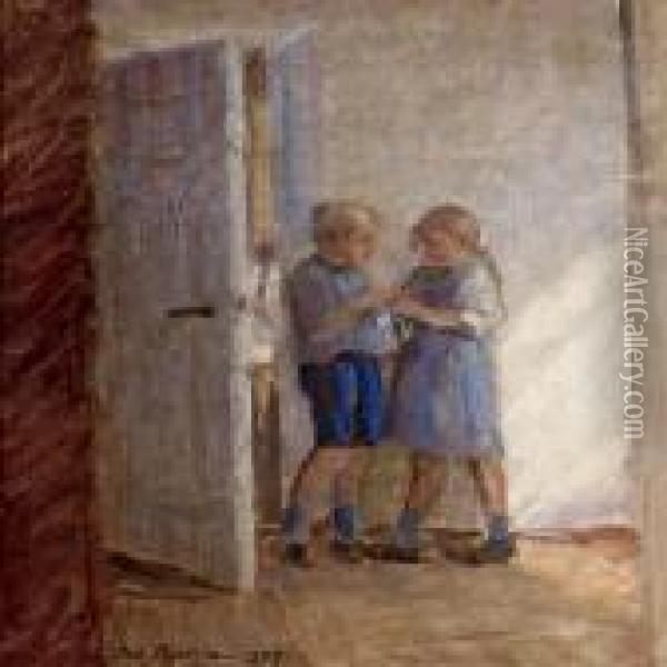Interior With Playingchildren Oil Painting - Julius Paulsen